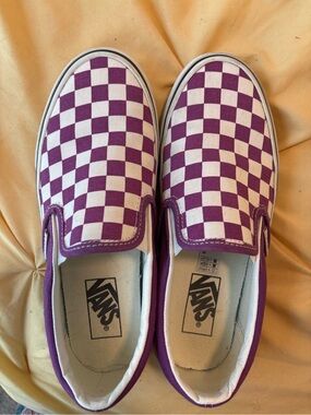 Vans Women’s  Slip-On Checkerboard Sneakers in Purple and White